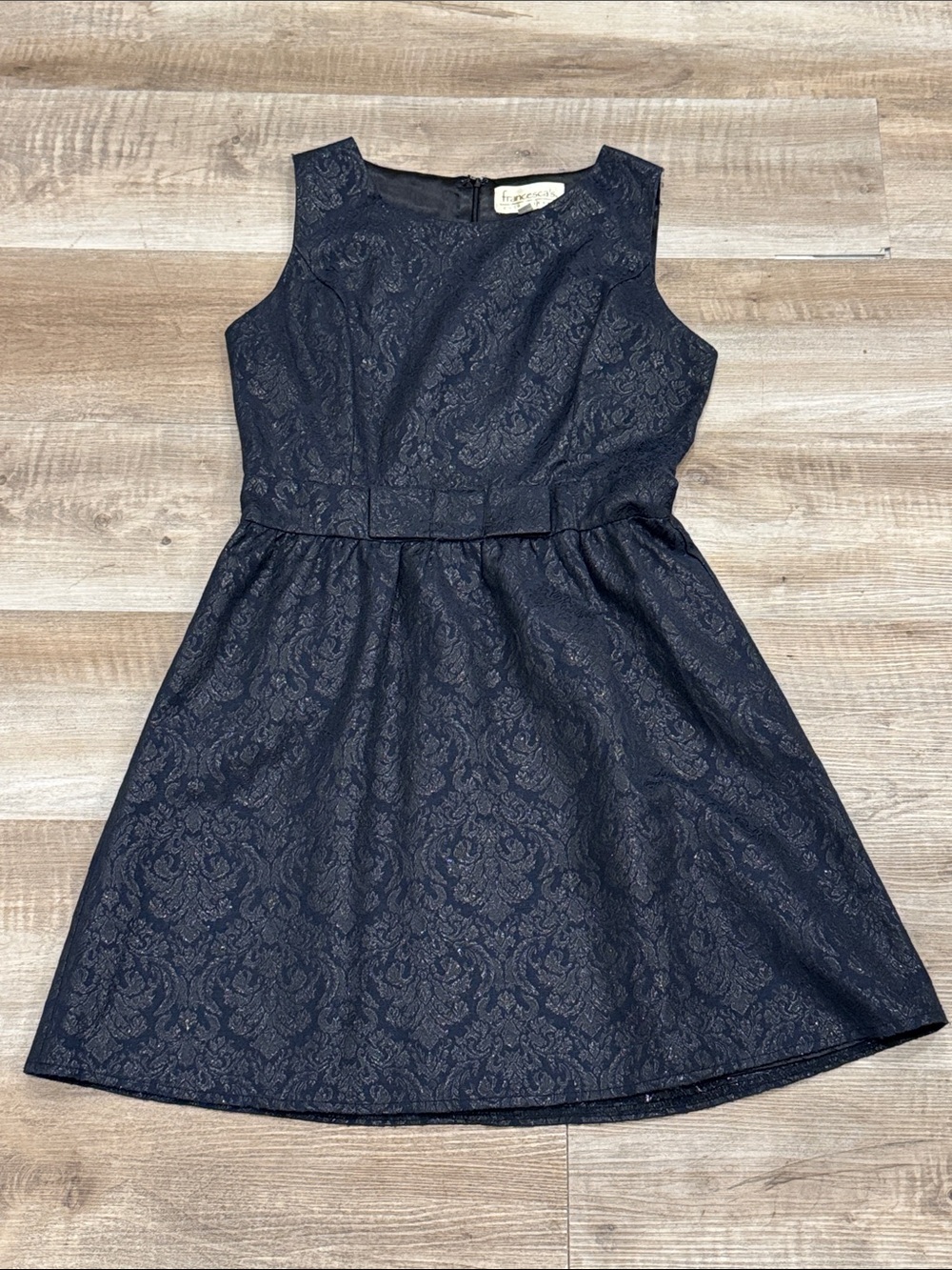 Francesca's Navy Textured Fit-and-Flare metallic damask jacquard cocktail dress